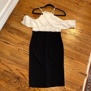 Zara woman’s cocktail knee length dress black white cold shoulder Sz M stretch